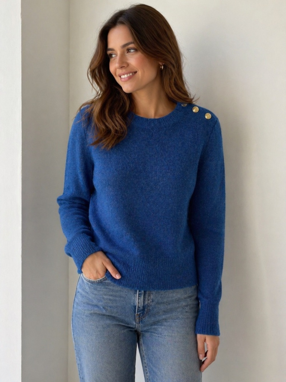 J. Crew Sz S Merino Wool Blend Royal Blue Button-Shoulder Crewneck Sweater